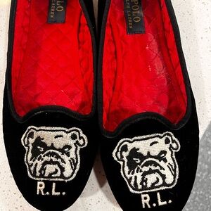 Ralph Lauren Black Velvet Slippers with Red Interior